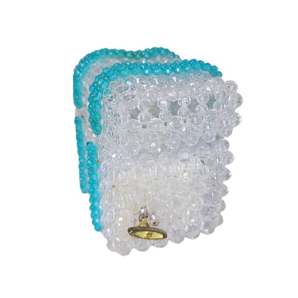 Handcrafted Beaded musical Jewelry trinket Box With Clear & Turquoise Beads - Picture 2 of 11